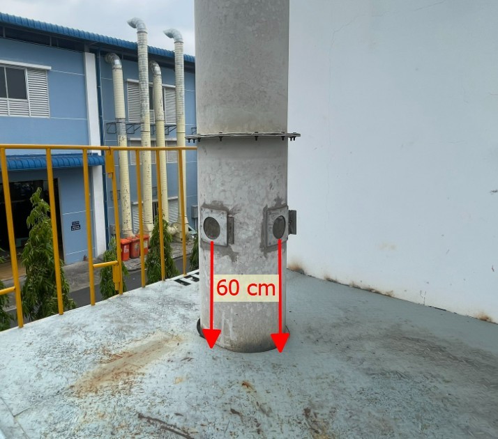 Sơ đồ vị trí lắp đặt sàn thao tác và lan can bảo vệ so với lỗ quan trắc ống khói