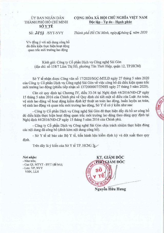 Trang 1 công văn 2893/SYT-NVY công nhận SGC đủ điều kiện quan trắc môi trường lao động